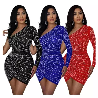 Chicaluv - Women's One-Shoulder Rhinestone Bodycon Mini Dress – Long Sleeve Glitter Wrap Party Dress