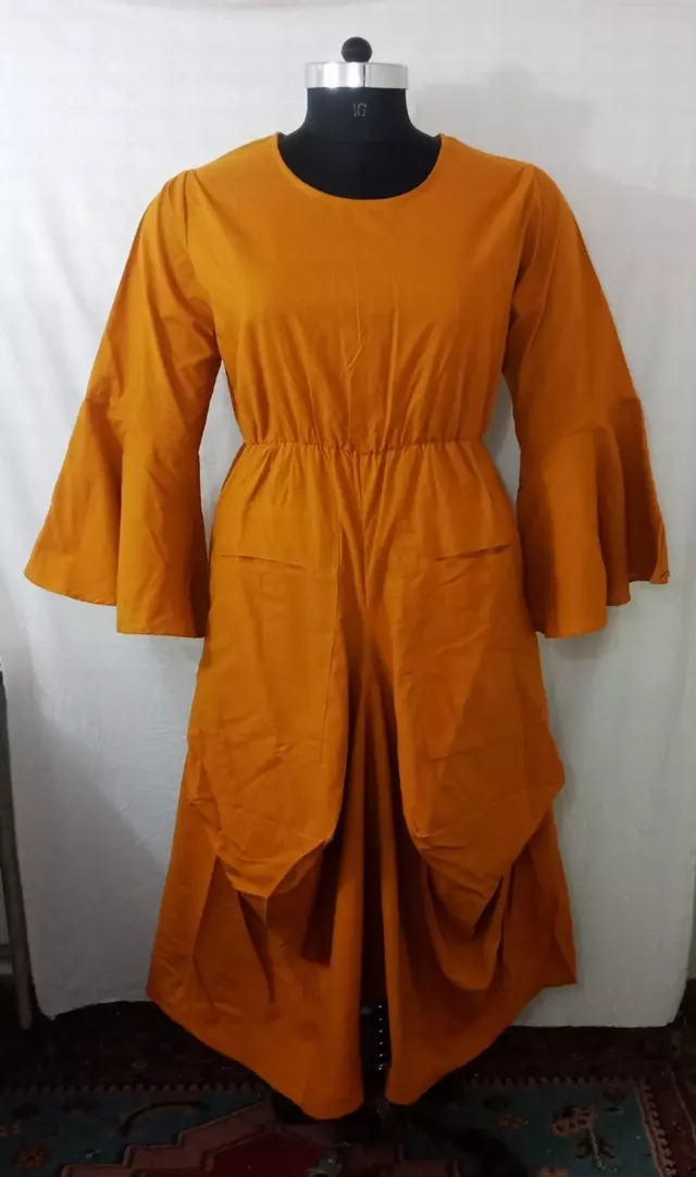 7561S - Solid Color Full Bell Sleeve Dress - $25.00 Each — Free Size / Mustard