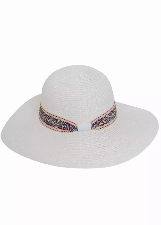 Adrienne Vittadini Straw Geometric Band Floppy Hat — WHITE