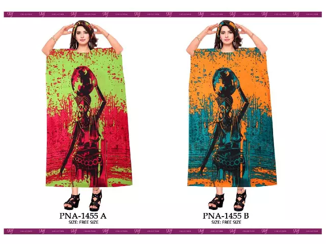 PNA-1455 Women's Digital Colorful Print Long Comfortable Kaftan Dress with Headwrap- One Size (6-PCS PRE-PACK) - $7 Each — One Size (4-24) / 6pcs Assorted Color