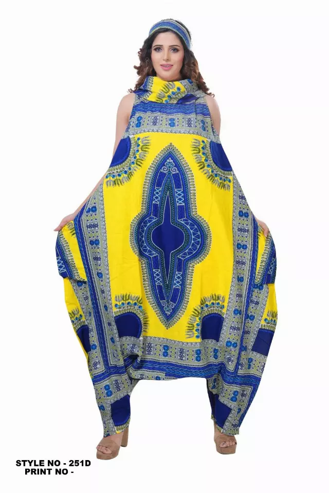 251DSK - NOW IN DASHIKI COLORS - Cow Neck African Wax Jumpsuit/Dress (3 PCS PRE-PACK) - $25 Each — One Size (4 - 26) / Yellow