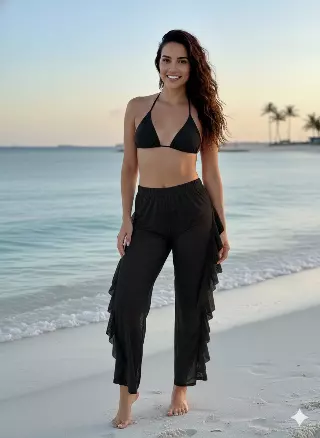 BC2223 Black Sheer Ruffle Mesh Beach Pants Cover-Up — Black