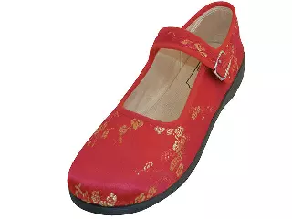 T2-113L - Women's "Easy USA" Satin Brocade Plum Flower Upper Mary Jane Shoes — Red (T2-113L-R) / 6-11 Assorted