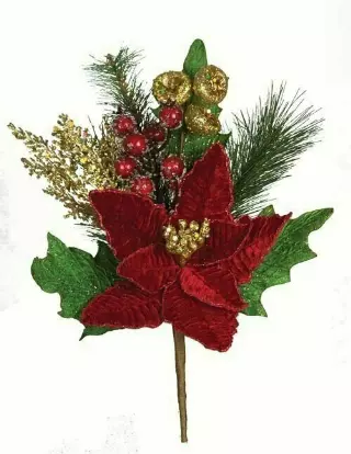 PPX2016RD – 14” Red velvet Poinsettia pick- Min 12 – Case Pk 48