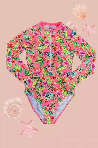 H3115 Long Sleeve Tropical Rash Guard Teens — Floral / 14