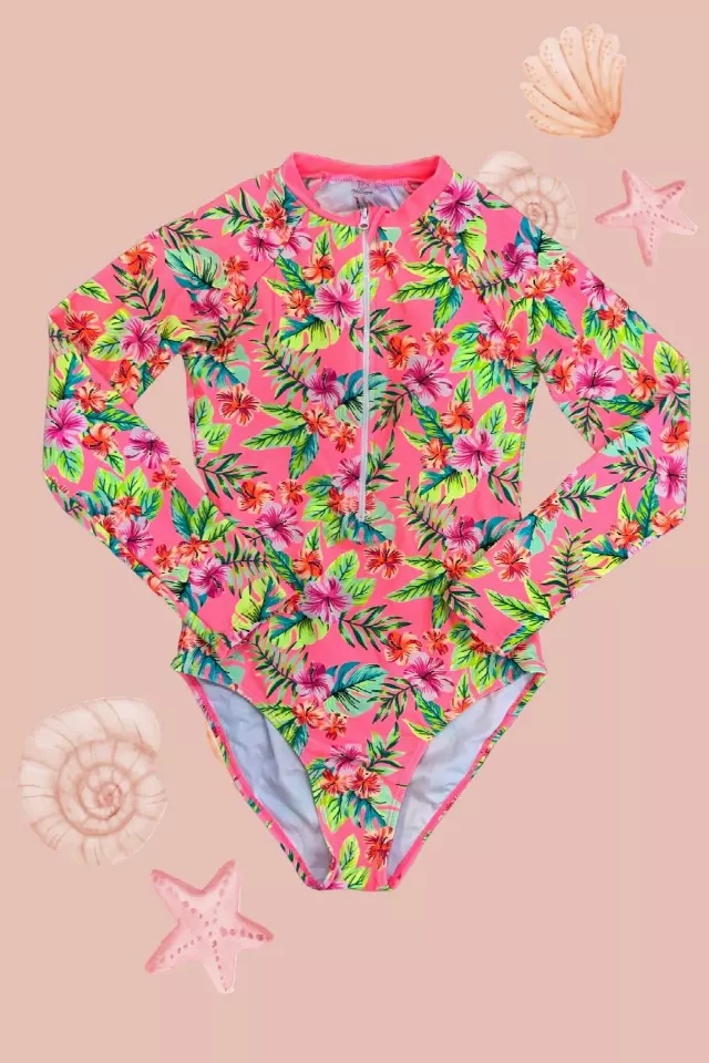 H3115 Long Sleeve Tropical Rash Guard Teens — Floral / 14