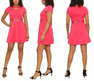 16033- Short-Sleeve Scuba Dress with Peekaboo Waist (6-PCS PRE-PACK) ON SALE - $5 Each — S/M/L/XL / Fuschia