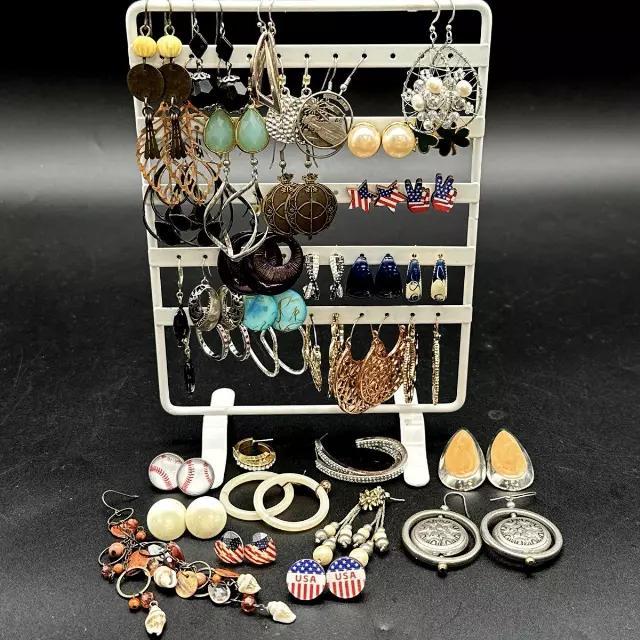 Mixed Fashion Costume Earrings Lot 35+ Pairs Hoop Dangle Stud Patriotic Boho