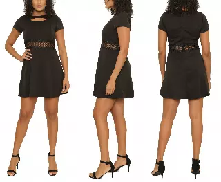 16033- Short-Sleeve Scuba Dress with Peekaboo Waist (6-PCS PRE-PACK) ON SALE - $5 Each — S/M/L/XL / Black