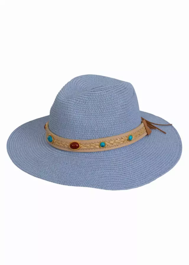 Magid Beaded & Braided Crown Straw Panama Hat — DENIM