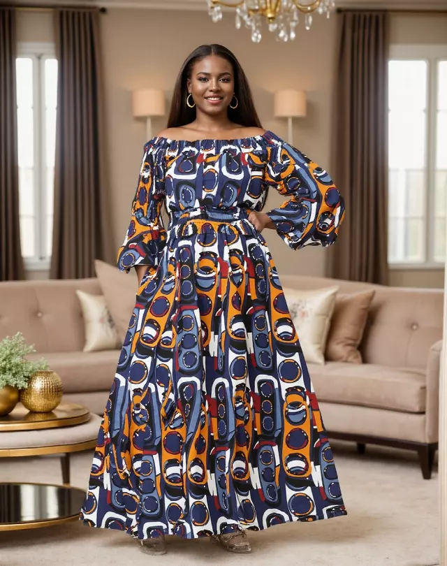 7556 -NEW PRINTS ALERT!!!! Off Shoulder Maxi Dress in Ankara Prints - $25.00 Each (3 pcs per pack) — Free Size / Print-666