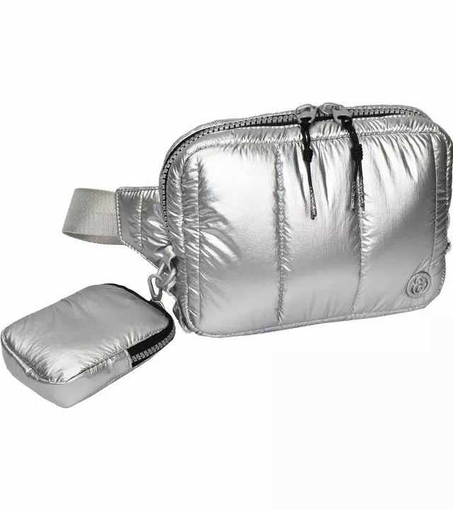 Joan & David Metallic Tubular Quilted Nylon Passport Sling Bag — 331-CHROME