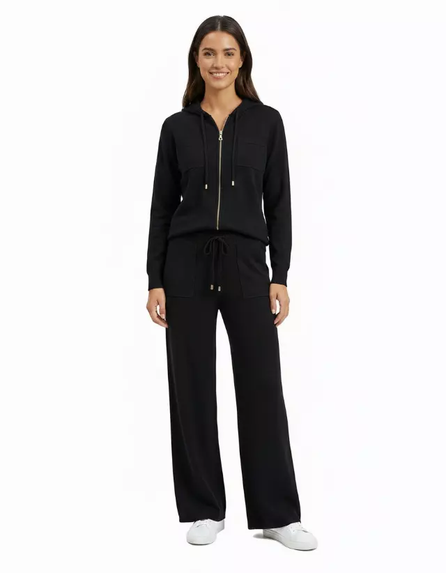 Knit Zip-Up Hoodie & Wide-Leg Lounge Set #104 — Black / S/M-L/XL