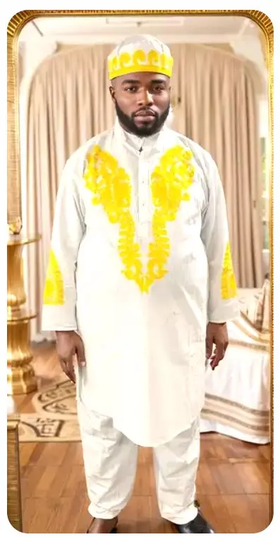 18035LS- Men's Ankara 3 pc Set (Top, Pants & Kufi) - (3 Per Pack) - $25.00 EACH — One Size Fits Most / WHITE - GOLD