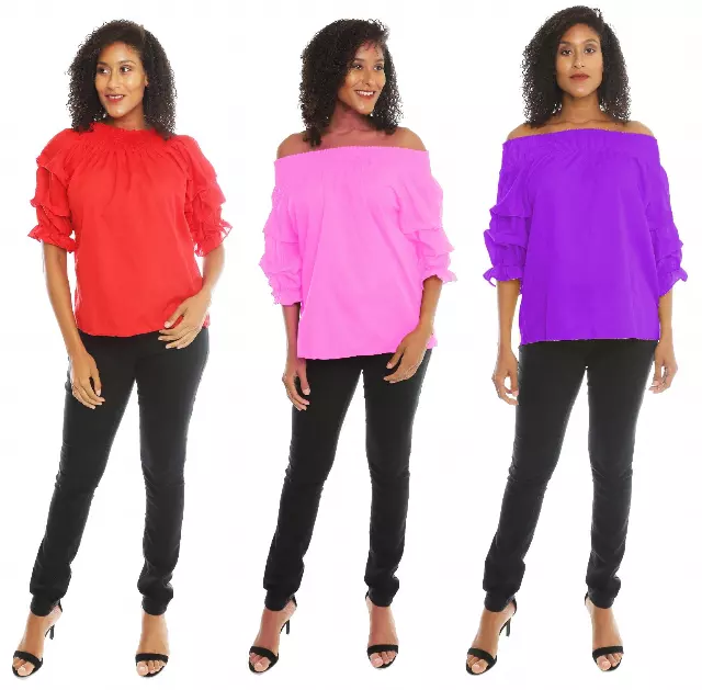 CHH-17068- Off-the-Shoulder Top with Ruffled Sleeves - One Size (12-PCS PRE-PACK)$13 Each — One Size (4-22) / Red