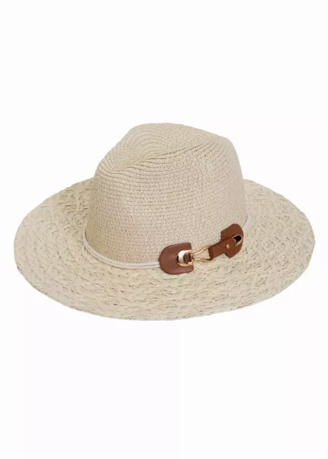 Max Studio Straw Buckle Panama Hat — NATURAL