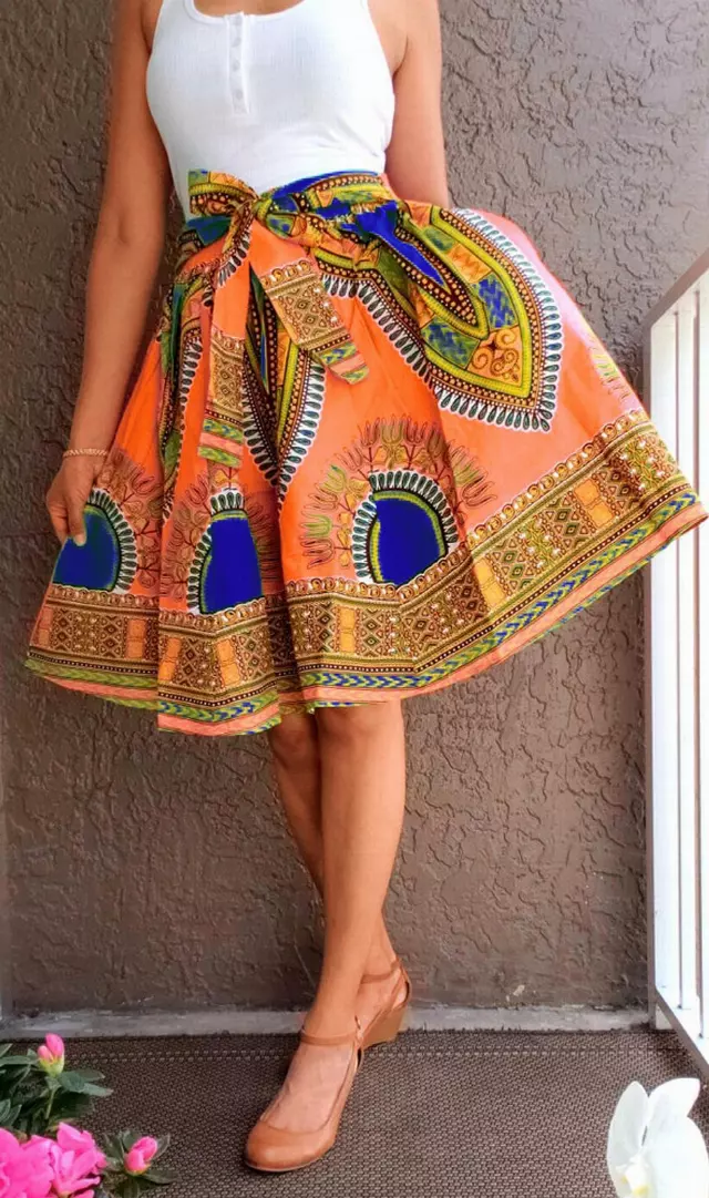 7009 - Ankara Skirt Dashiki Print African Wax Skirt (3-PCS PRE-PACK) - $15.00 Each — One Size (4-18) / Orange / 3-Pcs Per Pack