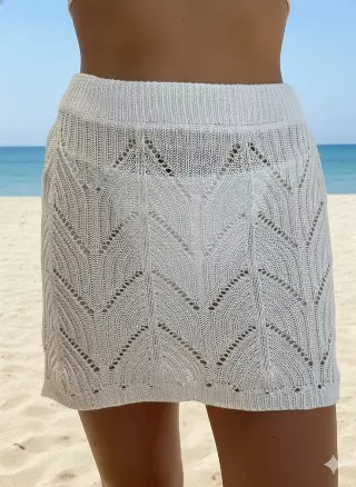 BC2230 Textured Crochet Knit Mini Skirt with Coastal Pattern Cover-Up — White
