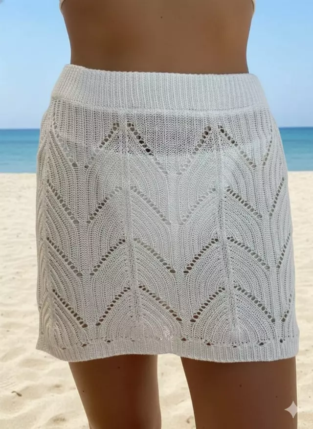 BC2230 Textured Crochet Knit Mini Skirt with Coastal Pattern Cover-Up — White