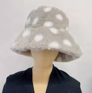 HX612 Polka Dots Faux Fur Bucket Hat — Grey