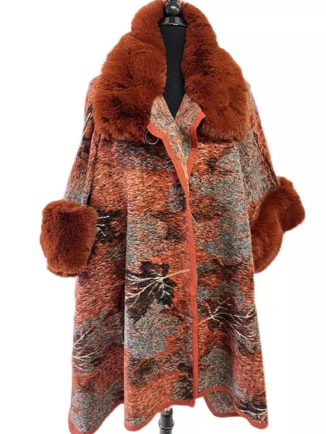 TX526 Faux Fur Pattern Cape — Orange