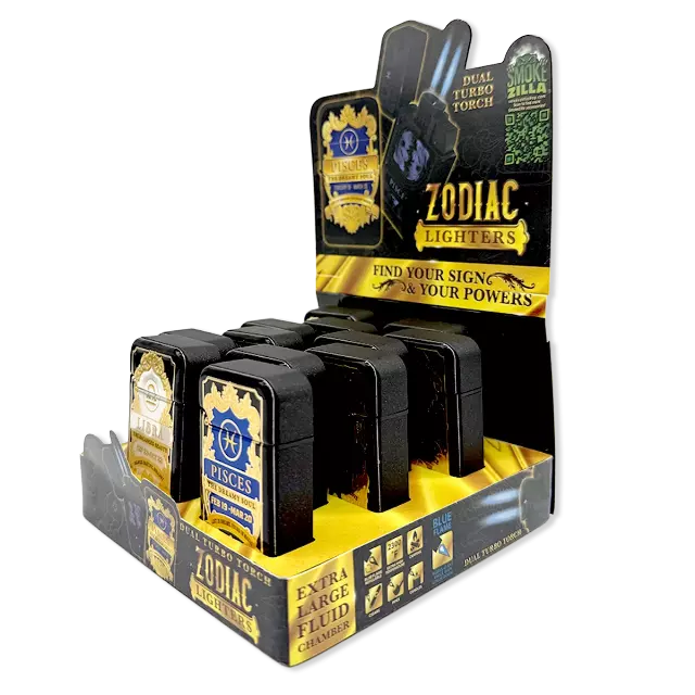 Zodiac Foil Dual Turbo Torch Lighter- 12 Pieces Per Retail Ready Display 25921