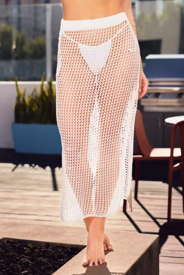 QQ7002 Crochet Asymmetric Long Skirt Cover Up — White