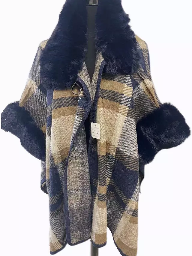 TX523 Faux Fur Plaid Cape — Navy