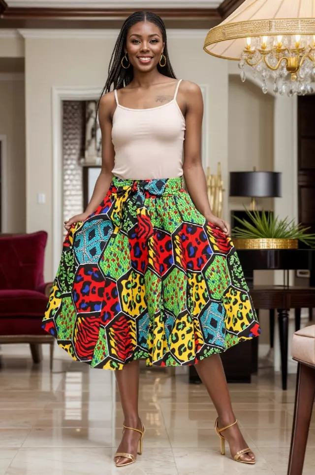 7012 - NEW PRINTS!! African Print Mid Length Skirt 28" (3/pk_ Free Size - $18.00 Each — One Size / Print-597