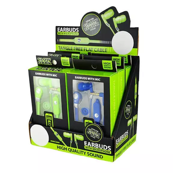 Wired Earbuds Glow in The Dark with Microphone - 6 Pieces Per Retail Ready Display 88082