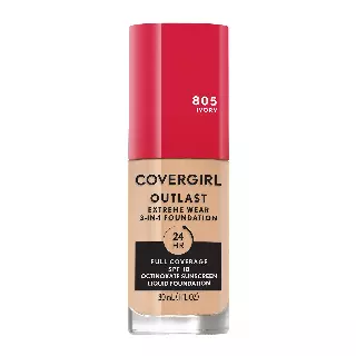 Covergirl Outlast Extreme Wear 3-in-1 Full Coverage Liquid Foundation, SPF 18 Sunscreen, Ivory, 1 Fl. Oz.