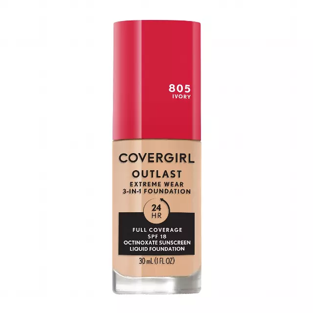 Covergirl Outlast Extreme Wear 3-in-1 Full Coverage Liquid Foundation, SPF 18 Sunscreen, Ivory, 1 Fl. Oz.