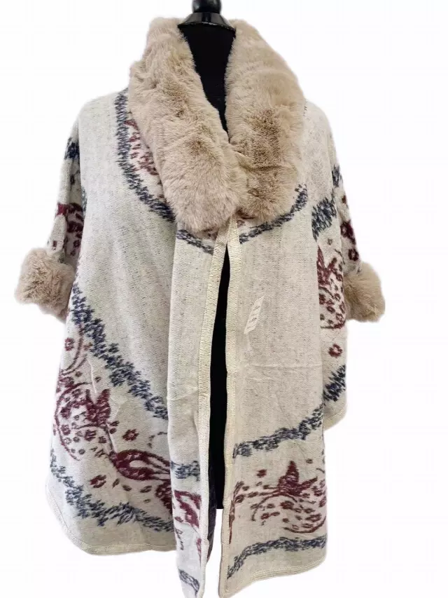 TX505 Faux Fur Pattern Cape — Beige