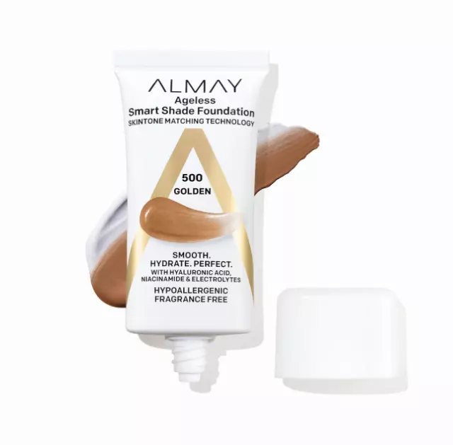 Almay Anti-Aging Foundation, Smart Shade Face Makeup with Hyaluronic Acid, Niacinamide, Vitamin C & E, Hypoallergenic-Fragrance Free, 500 Golden, 1 Fl Oz (Pack of 1)