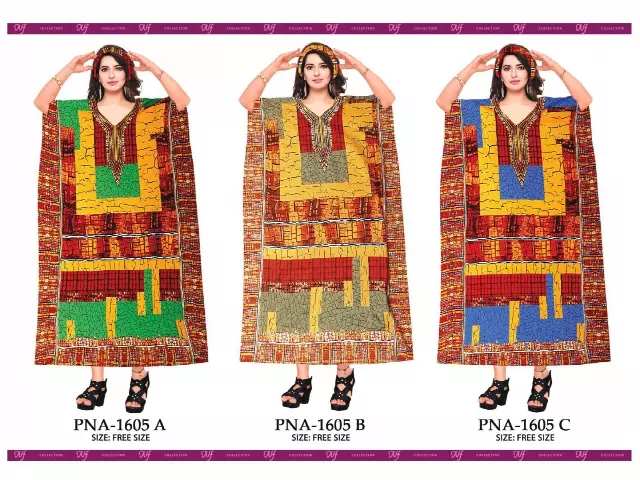 PNA-1605 Women's Colorful Print Long Comfortable Kaftan Dress with Headwrap- One Size (6-PCS PRE-PACK) - $7 Each — One Size (4-24) / Print-1605A
