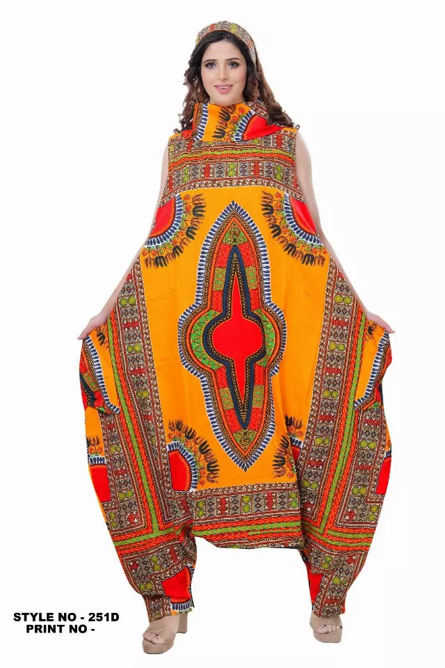 251DSK - NOW IN DASHIKI COLORS - Cow Neck African Wax Jumpsuit/Dress (3 PCS PRE-PACK) - $25 Each — One Size (4 - 26) / Gold