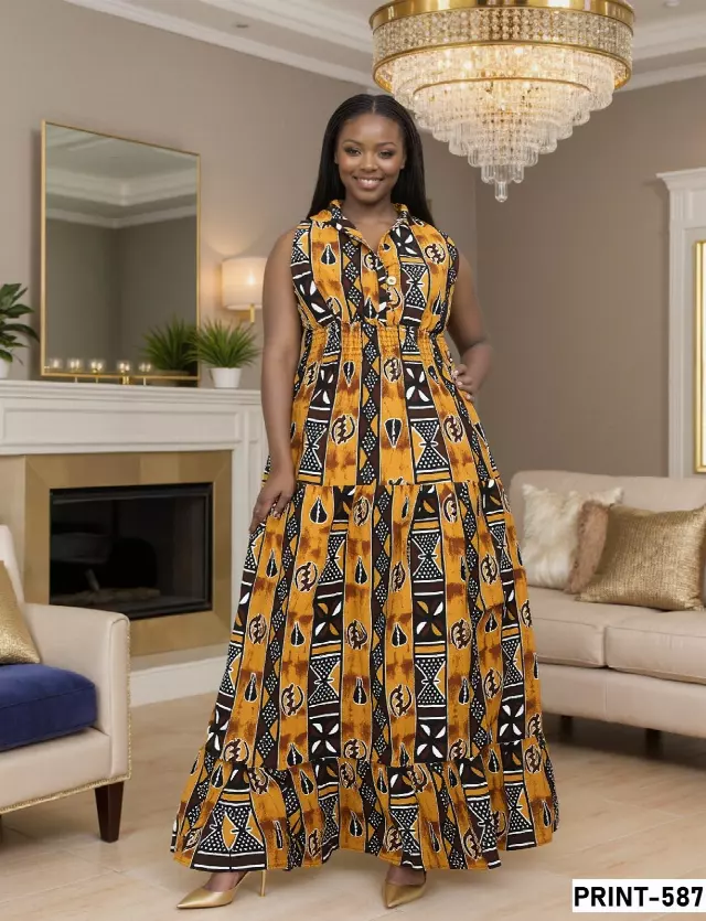 5005 - NEW PRINT ALERT!!! Three Button Authentic African Long Dress (3 PCS PRE-PACK) - $20.00 EACH — One Size (4 - 24) / Print-587