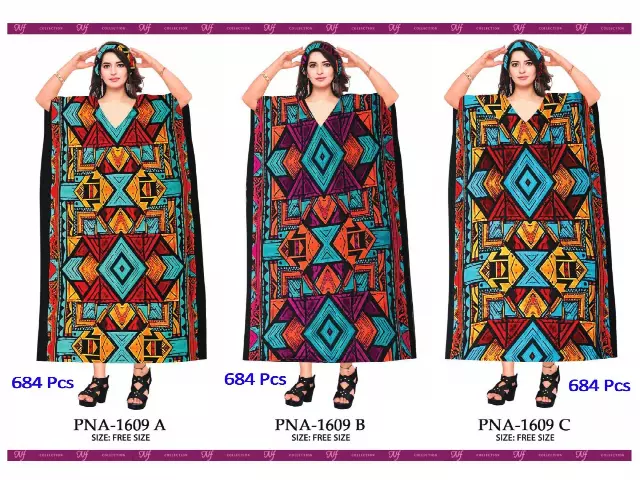 PNA-1609 Women's Colorful Print Long Kaftan Dress with Headwrap- One Size (6-PCS PRE-PACK) - $7 Each — One Size (4-24) / PRINT-A