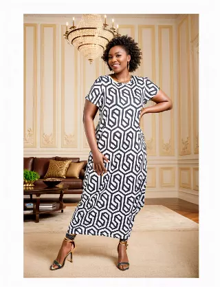 22159 - Geo-Print Maxi Dress - One Size (3-PCS PRE-PACK) $15 Each — 3-Pcs PRE-PACK / Black White