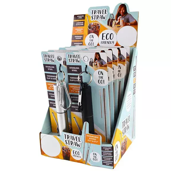 Expandable Stainless-Steel Straw with Carabineer - 12 Pieces Per Retail Ready Display 22285