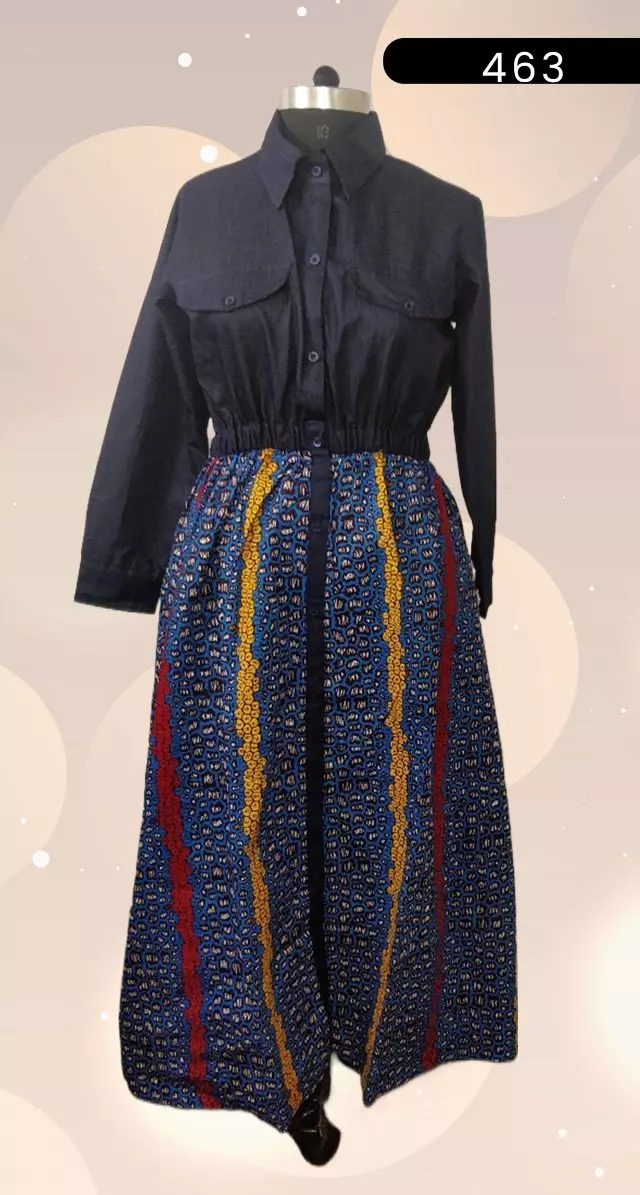 9033 - Full Length Dress (Denim & African Print) - 3/pk Free Size ON SALE!! - $12.00 Each — Free Size / Print-463