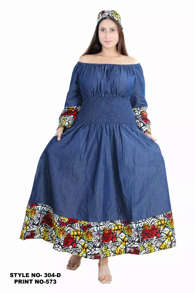 304AD - ON SALE!! Off-shoulder Denim Print Smocked Waist Dress - $15.00 Each — Free Size / Print-573