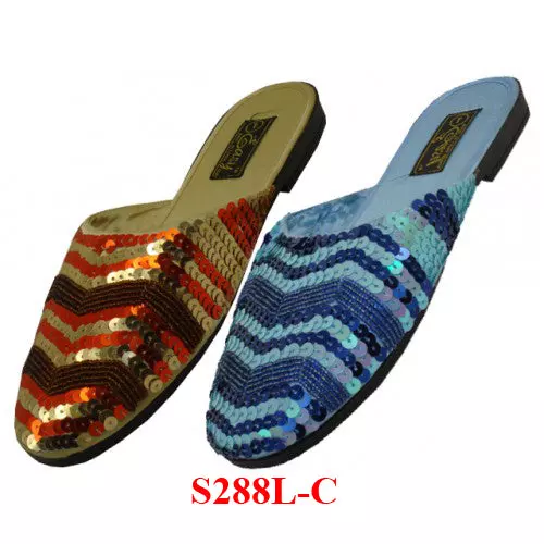 S288L - Women's "Easy USA" Hand Sequin Slide Sandals — Assorted - Gold & Blue (S288L-C) / 5-10 Assorted