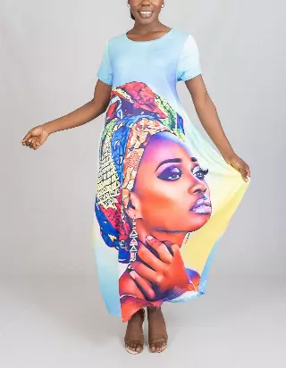 23025- Women's Plus Size Maxi Dress Digital Face-Print Knit Maxi Dress - One Size (3-PCS PRE-PACK) ($20.00 Each)