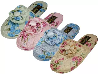 S533-L - Wholesale Women's "Easy USA" Quilted Satin Floral Upper Close Toe Printed House Slippers