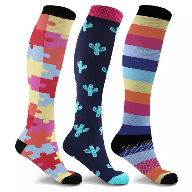 Unisex Fun Pattern Knee High Compression Socks (3-Pairs) — Small/Medium