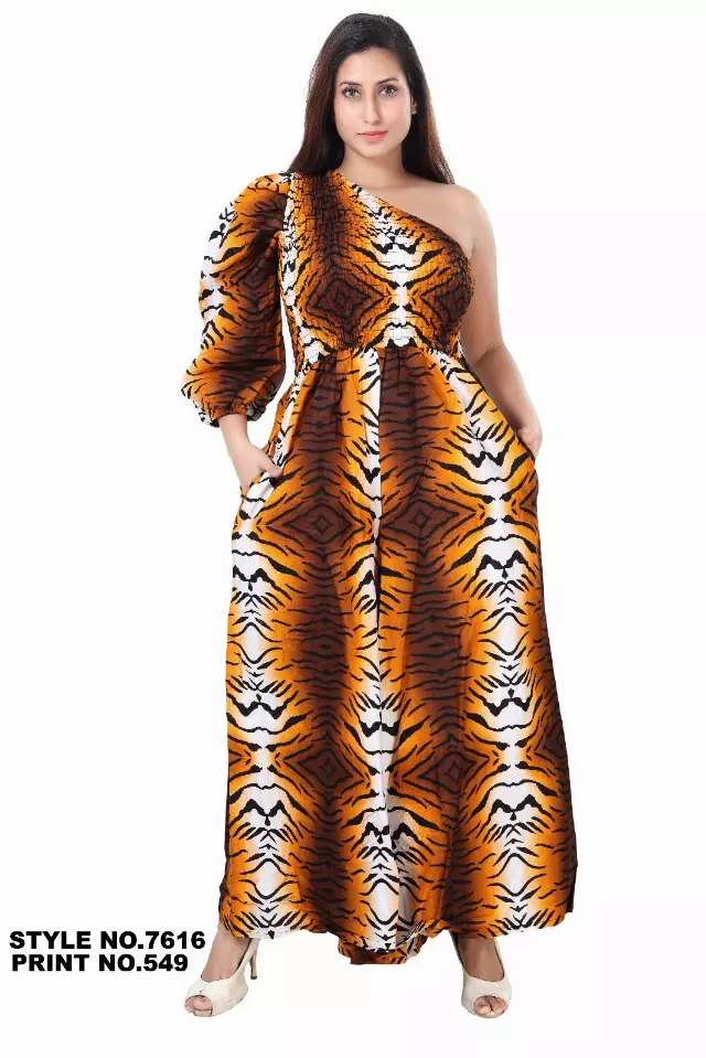 7616- African Wax Jumpsuit with One Sleeve (3 PCS PRE-PACK) - $25 Each — One Size (4 - 26) / Print-549