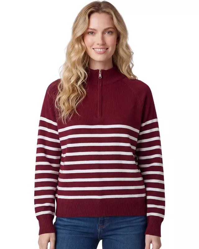 Ladies Quarter Zip Striped Sweater #03 — Burgundy / S/M-L/XL