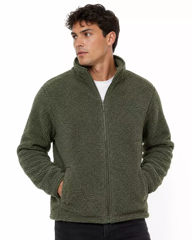 Men's Full-Zip Sherpa Fleece Jacket #J13 — Green / S-M-L-XL-2X