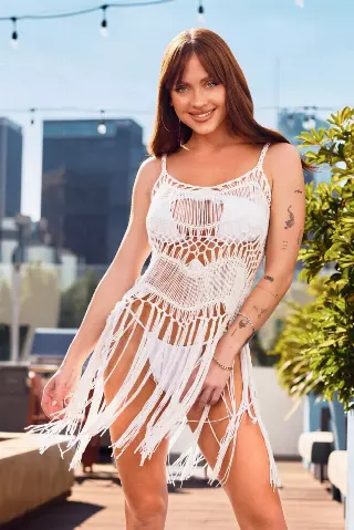 0153 Crochet Beach Cover Up — White